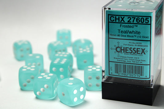 Chessex: Frosted Teal/white 16mm D6 Dice Block (12 Dice)
