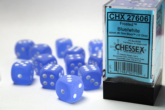 Chessex: Frosted Blue/White 16mm D6 Dice Block (12 dice)