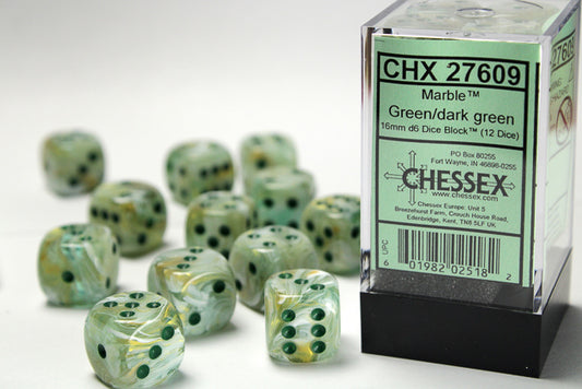 Chessex: Marble Green/Dark Green 16mm D6 Dice Block (12 dice)