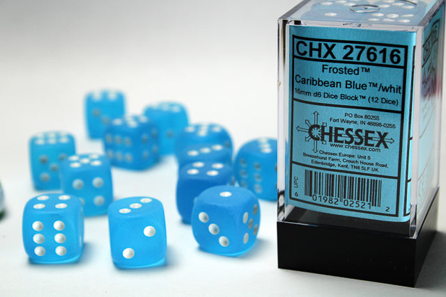 Chessex: Frosted Carribean Blue/White 16mm D6 Dice Block (12 dice)