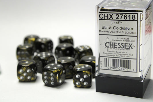 Chessex: Leaf Black-Gold/Silver 16mm D6 Dice Block (12 dice)