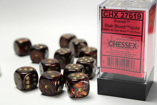 Chessex: Scarab Blue Blood/Gold 16mm D6 Dice Block (12 dice)