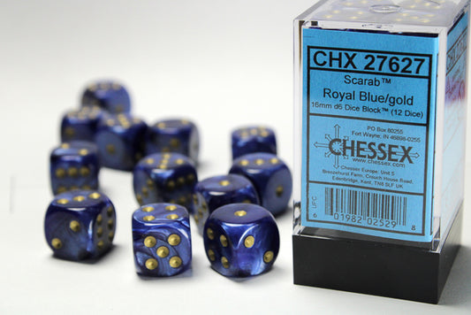 Chessex: Scarab Royal Blue/Gold 16mm D6 Dice Block (12 dice)