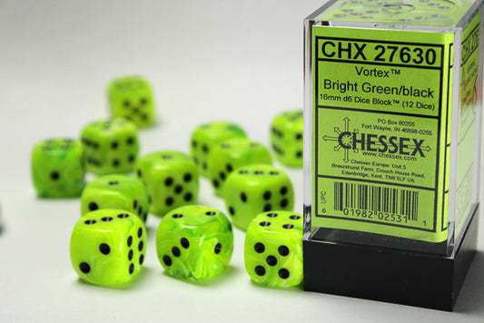 Chessex: Vortex Bright Green/Black 16mm D6 Dice Block (12 dice)