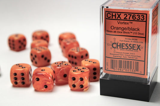 Chessex: Vortex Orange/Black 16mm D6 Dice Block (12 dice)