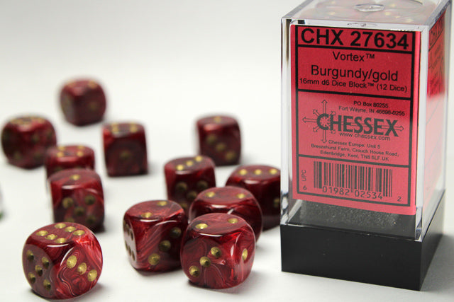 Chessex: Vortex Burgandy/Gold 16mm D6 Dice Block (12 dice)