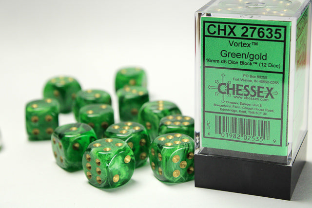 Chessex: Vortex Green/Gold 16mm D6 Dice Block (12 dice)