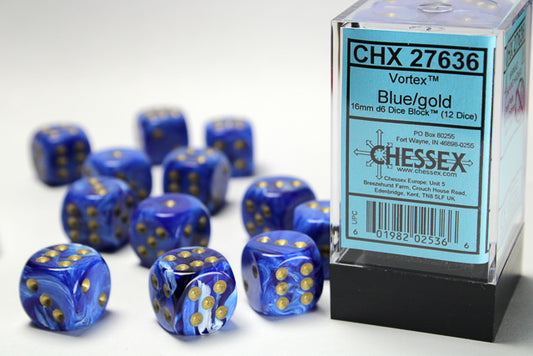 Chessex: Vortex Blue/Gold 16mm D6 Dice Block (12 dice)