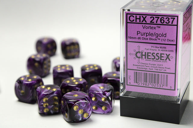 Chessex: Vortex Purple/Gold 16mm D6 Dice Block (12 dice)