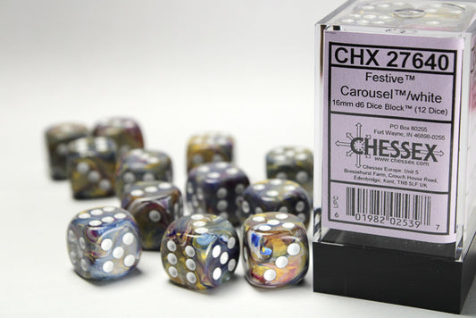 Chessex: Festive Carousel/White 16mm D6 Dice (12 dice)