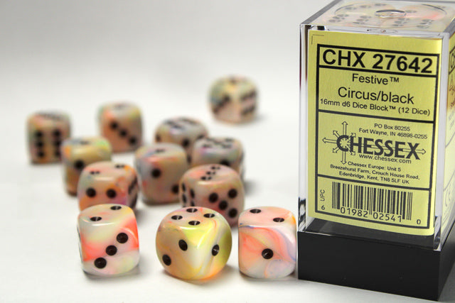 Chessex: Festive Circus/Black 16mm D6 Dice Block (12 dice)