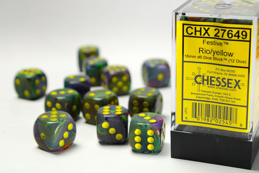 Chessex: Festive Rio/Yellow 16mm D6 Dice Block (12 dice)