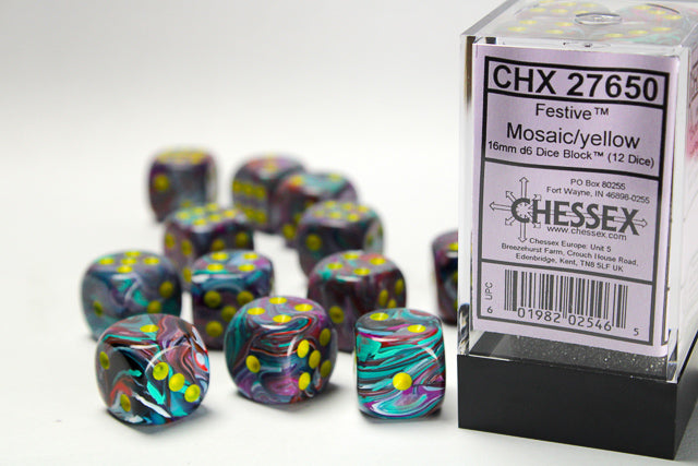 Chessex: Festive Mosaic w/ Yellow D6 16mm Dice Block (12 dice)