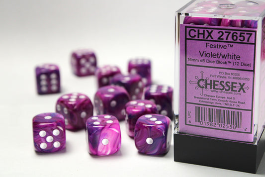 Chessex: Festive Violet/white 16mm d6 Dice Block (12 dice)