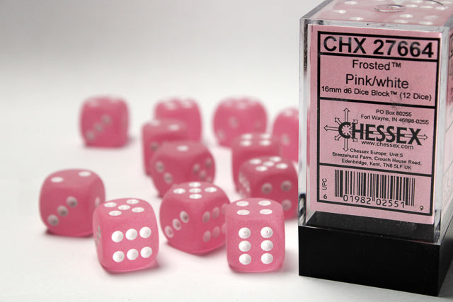 Chessex: Frosted Pink/White 16mm D6 Dice Block (12 dice)