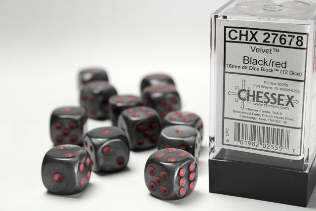 Chessex: Velvet Black/Red 16mm D6 Dice Block (12 dice)