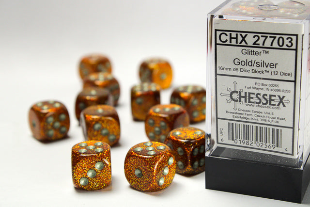 Chessex: Glitter Gold w/ Silver 16mm D6 Dice Block (12 dice)