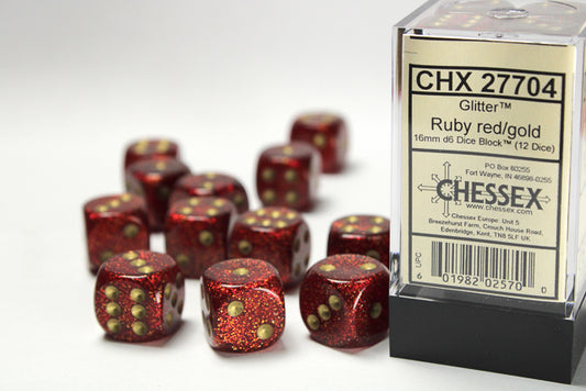 Chessex: Glitter Ruby w/ Gold 16mm D6 Dice Block (12 dice)
