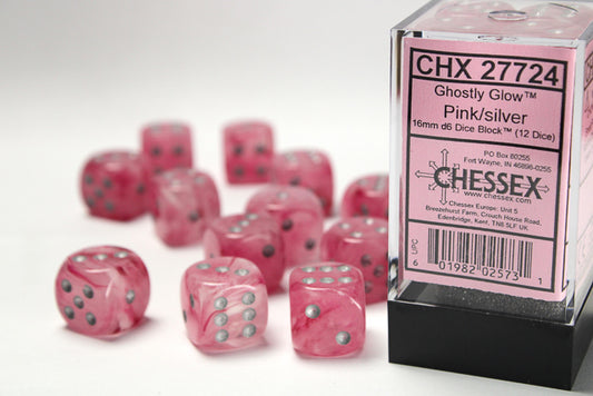 Chessex: Ghostly Glow Pink w/ Silver D6 16mm Block (12 dice)
