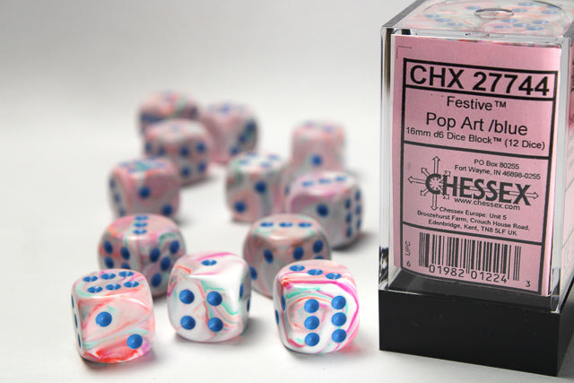 Chessex: Festive Pop-art/ Blue 16mm D6 Dice Block (12 dice)