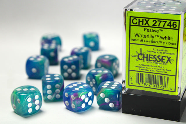 Chessex: Festive Waterlily/ White 16mm D6 Dice Block (12 dice)