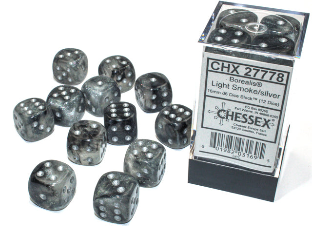 Chessex: Borealis 16mm D6 Light Smoke/silver Luminary Dice Block (12 dice)