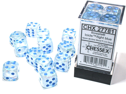 Chessex: Borealis 16mm D6 Icicle/light blue Luminary Dice Block (12 dice)