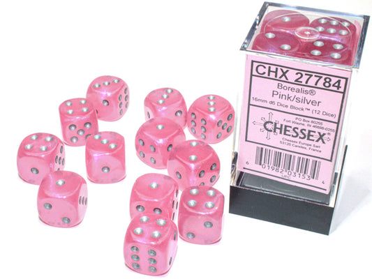 Chessex: Borealis 16mm D6 Pink/silver Luminary Dice Block (12 dice)