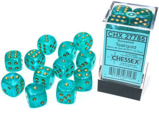 Chessex: Borealis 16mm D6 Teal/gold Luminary Dice Block (12 dice)