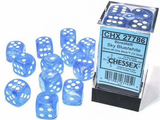 Chessex: Borealis 16mm D6 Sky Blue/white Luminary Dice Block (12 dice)