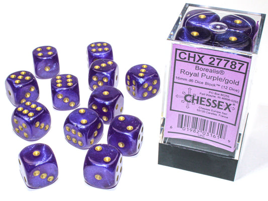 Chessex: Borealis 16mm D6 Royal Purple/gold Luminary Dice Block (12 dice)