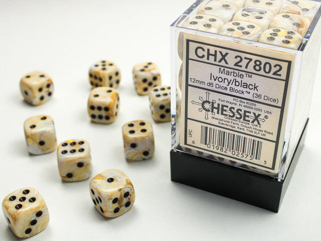 Chessex: Borealis 12mm D6 Marble Ivory/black Dice Block (36 dice)