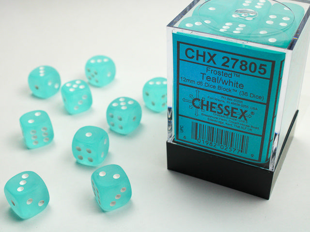 Chessex: Frosted Teal/White 12mm D6 Dice Block (36 dice)