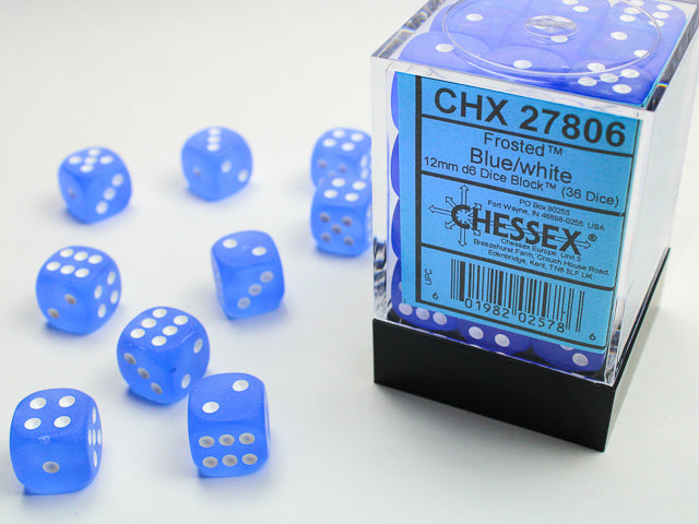 Chessex: Frosted Blue/White 12mm D6 Dice Block (36 dice)