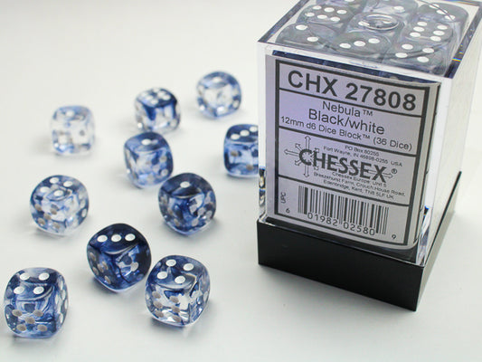 Chessex: Nebula Black/White 12mm D6 Dice Block(36 dice)