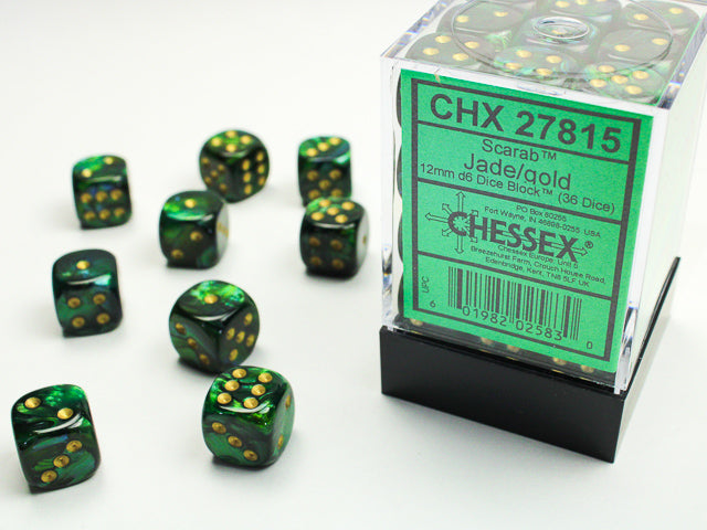 Chessex: Scarab Jade/Gold 12mm D6 Dice Block (36 dice)