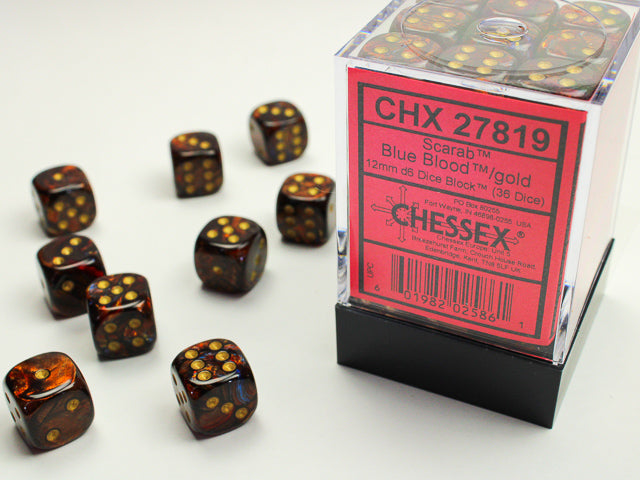 Chessex: Scarab Blue Blood/Gold 12mm D6 Dice Block (36 dice)