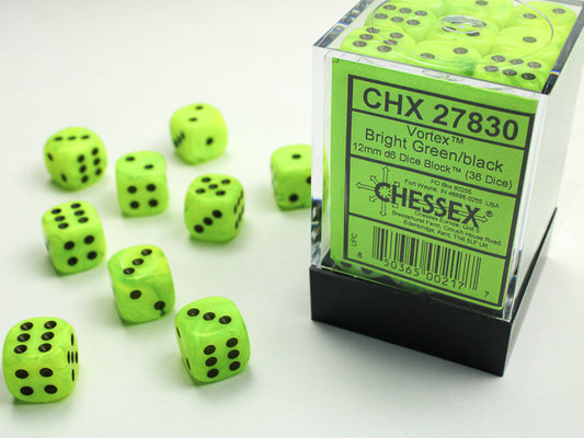 Chessex: Vortex Bright Green/Black 12mm D6 Dice Block (36 dice)