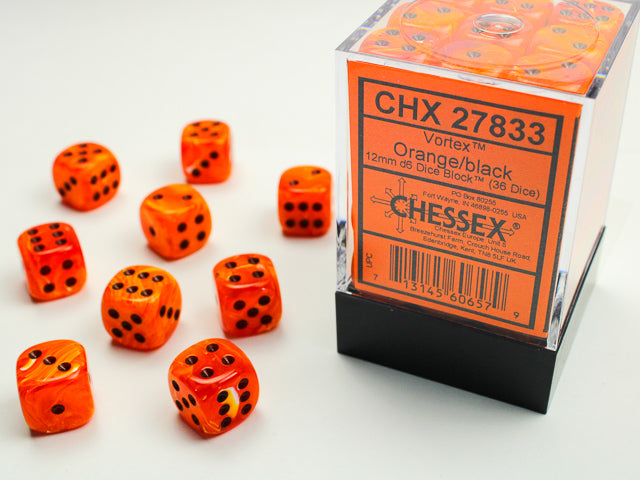 Chessex: Vortex Orange/Black 12mm D6 Dice Block (36 dice)