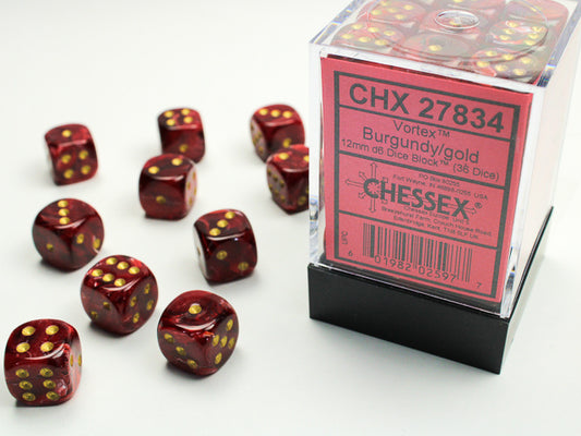 Chessex: Vortex Burgandy/Gold 12mm D6 Dice Block (36 dice)