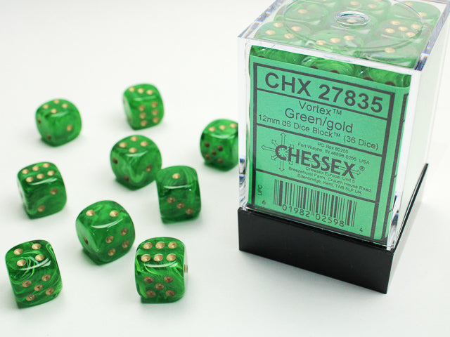 Chessex: Vortex Green/Gold 12mm D6 Dice Block (36 dice)