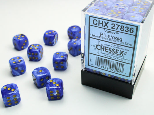 Chessex: Vortex Blue/Gold 12M D6 Dice Block (36 dice)