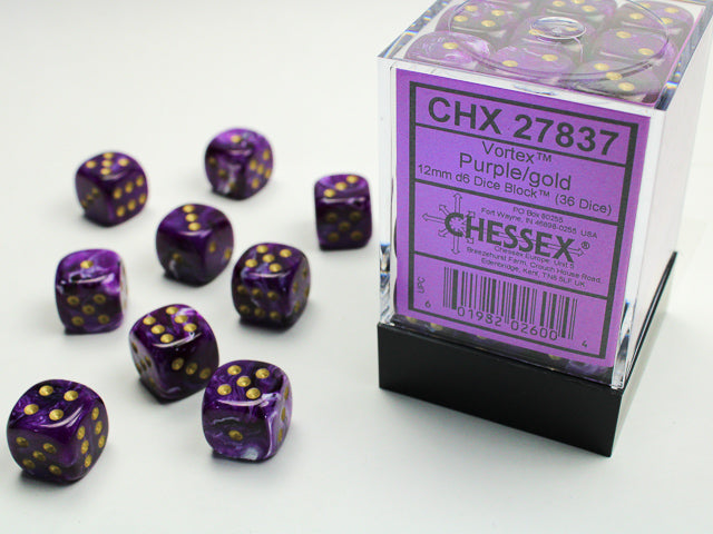 Chessex: Vortex Purple/Gold 12mm D6 Dice Block (36 dice)