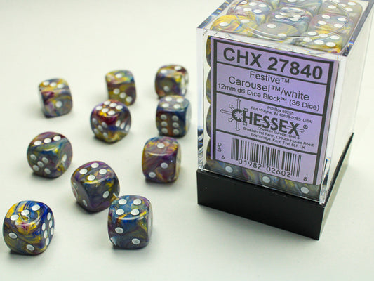 Chessex: Festive Carousel/White 12mm D6 Dice Block (36 dice)