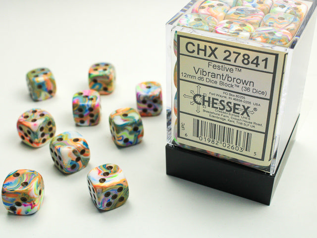 Chessex: Festive Vibrant/Brown 12mm D6 Dice Block (36 dice)