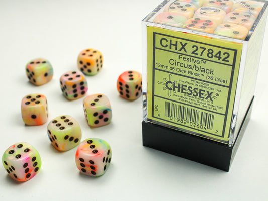 Chessex: Festive 12mm D6 Circus/Black Dice Block (36 Dice)