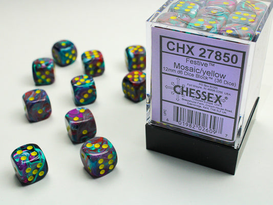 Chessex: Festive Mosaic w/ Yellow 12mm D6 Dice Block (36 dice)