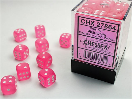 Chessex: Frosted Pink/white 12mm D6 Dice Block (36 Dice)