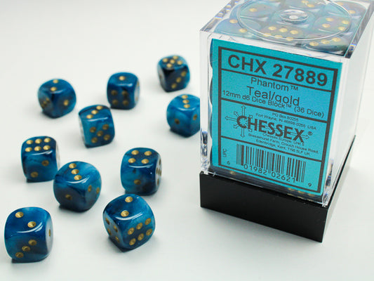 Chessex: Phantom Teal/Gold 12mm D6 Dice Block (36 dice)
