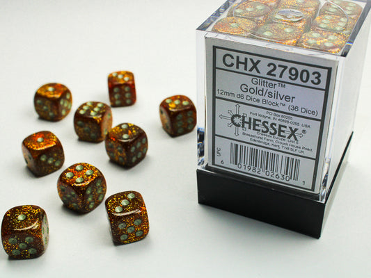 Chessex: Glitter Gold w/ Silver 12mm D6 Dice Block (36 dice)